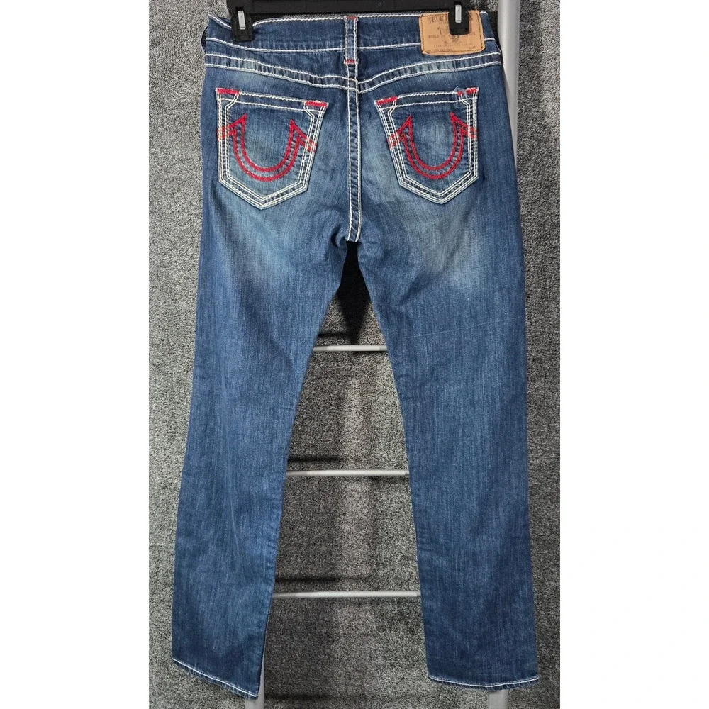 True Religion Rocco Relaxed Skinny Jeans Big T Stitch Blue Red Horseshoe 32x31